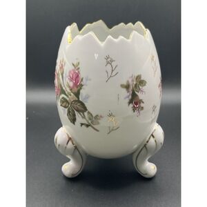 Vtg Napco Cracked Egg Footed Planter Vase 4" x 6" Gold Trim Hand Painted‎ Roses